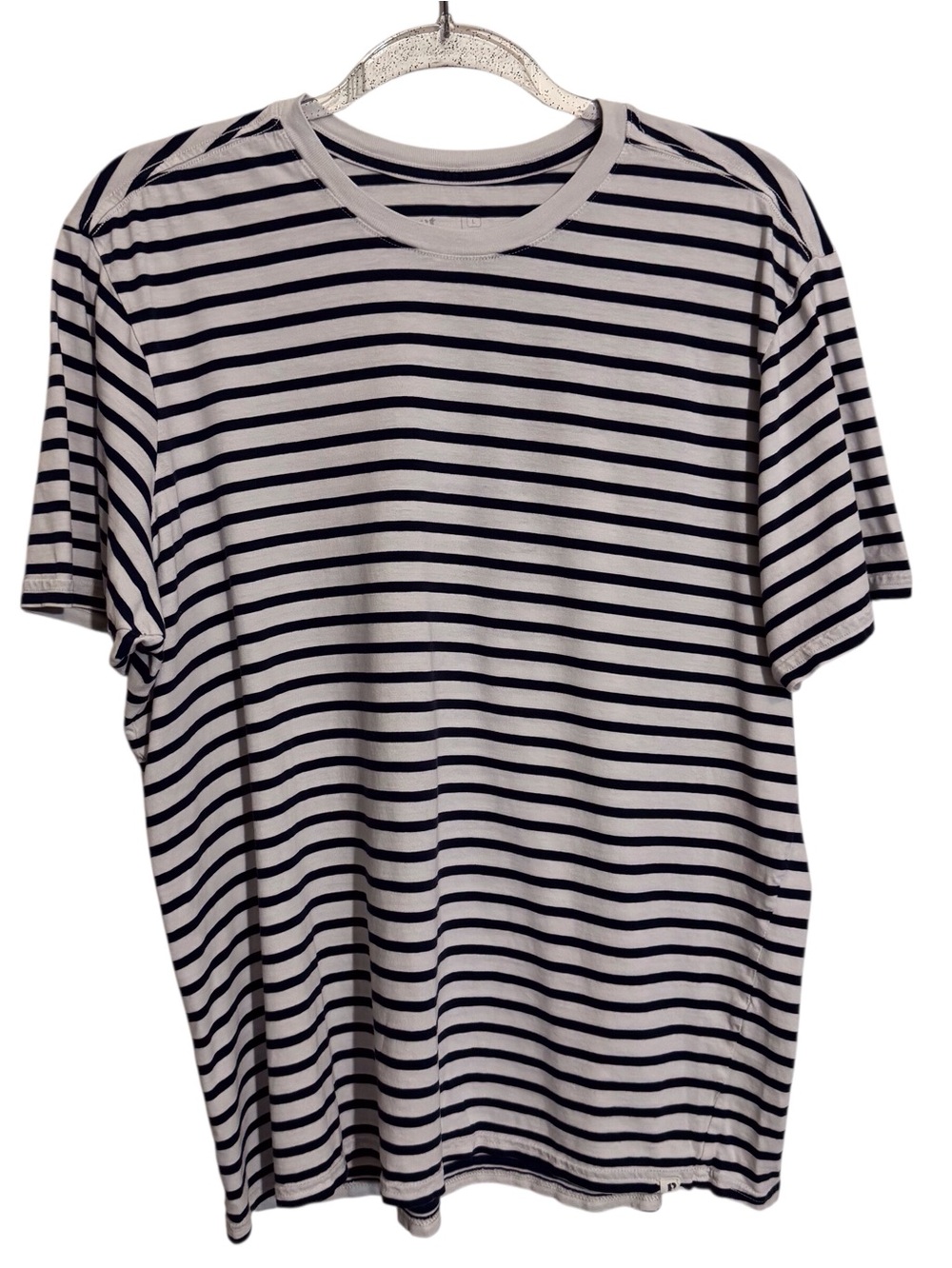 Pact Mens Large Blue White Stripe Ringer Tee T-Shirt Short Sleeve Organic Cotton